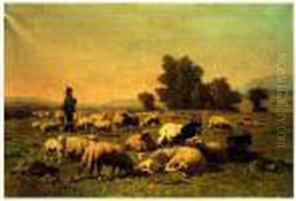 Le Berger Et Son Troupeau Oil Painting by Louis Marie Dominique Romain Robbe