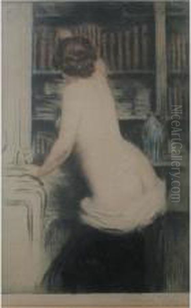 Nude In A Library Oil Painting by Manuel Robbe