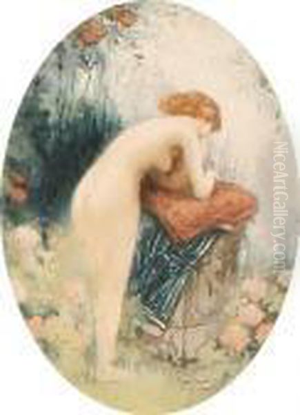 Female Nude In An Ornamental Garden Oil Painting by Manuel Robbe