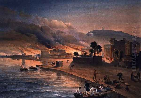 Burning of the Government Buildings at Kertch, plate from The Seat of War in the East, pub. by Paul and Dominic Colnaghi and Co., 1856 Oil Painting by William Simpson