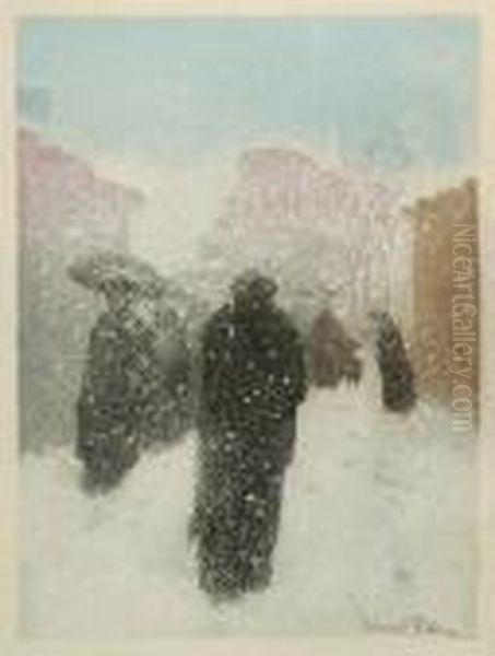 Promenade Dans La Neige. Oil Painting by Manuel Robbe