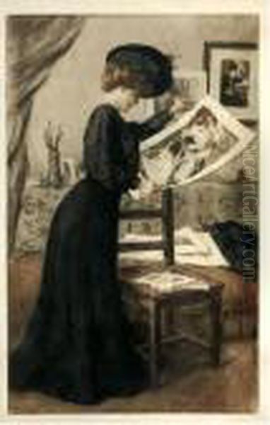 [woman Studying Prints] Oil Painting by Manuel Robbe