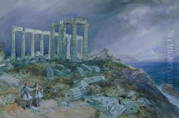 The Temple of Poseidon, Sunium, 1877 Oil Painting by William Simpson