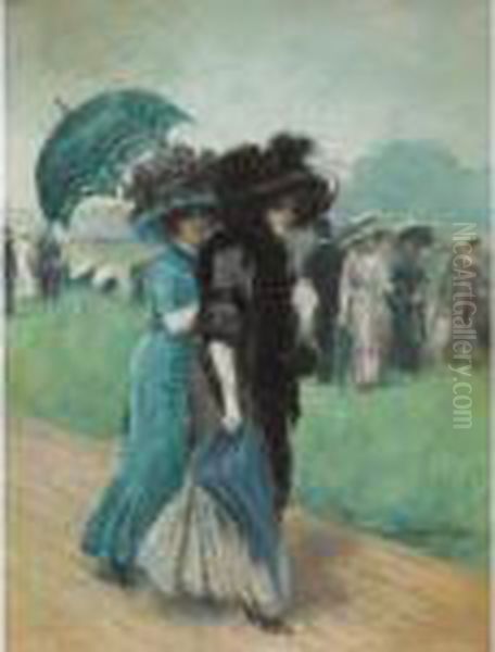 Elegantes Aux Courses [ ; 
Elegant Ladies At The Races ; Pastel Signed Lower Right ; Provenance : 
Gaston Amson, Friend Of The Painter] Oil Painting by Manuel Robbe