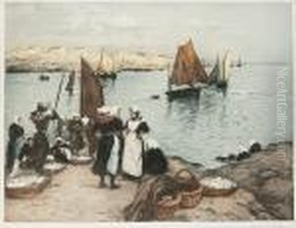 The Harbour (breton Women) Oil Painting by Manuel Robbe