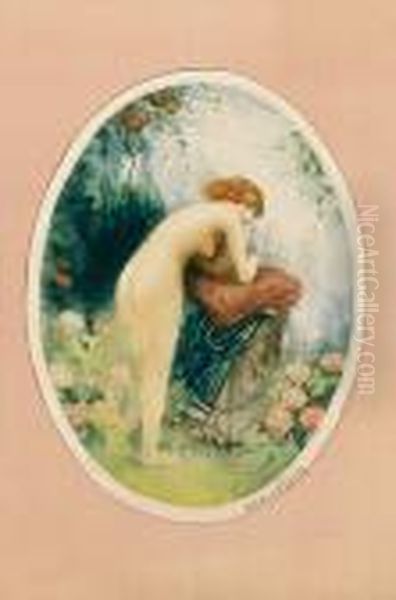 Female Nude In An Ornamental Garden Oil Painting by Manuel Robbe