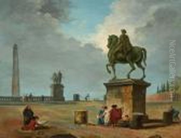 Dessinateurs Et Promeneurs Au Pied D'une Statue Equestre by Hubert Robert