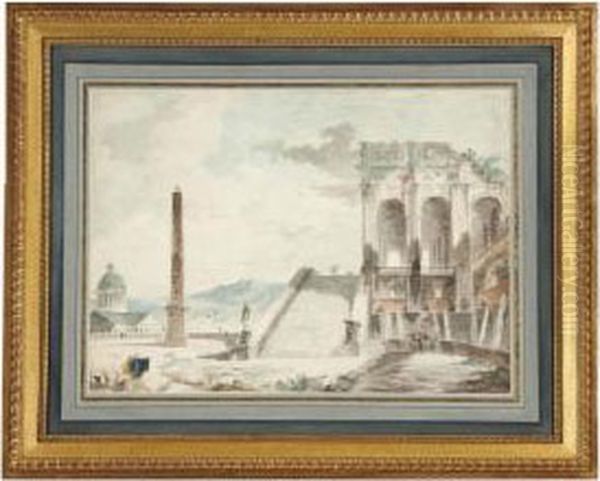 Figures Amongst Architectural Ruins Oil Painting by Hubert Robert