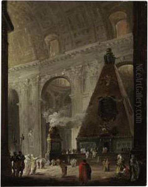 The Catafalque Of Pope Benedict Xiv In Saint Peter's Oil Painting by Hubert Robert