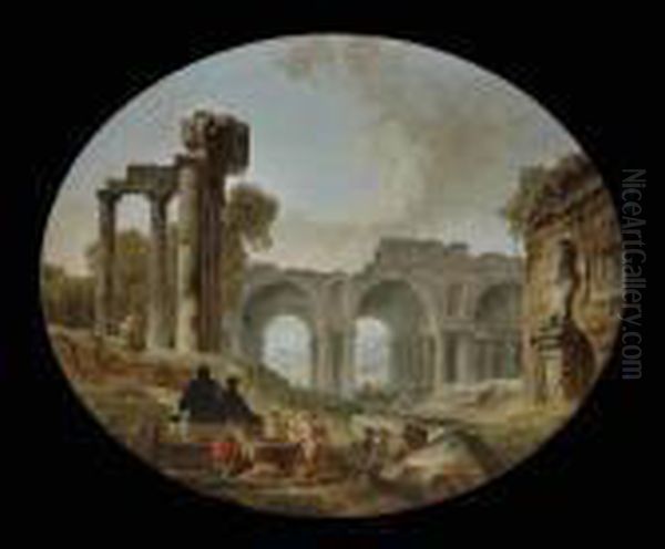 Washerwomen Among Roman Ruins Oil Painting by Hubert Robert