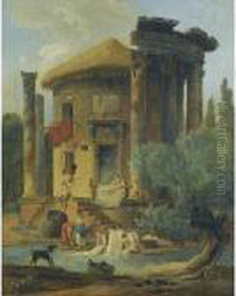 Washerwomen At The Edge Of A River, Beneath A Ruined Circular Temple Oil Painting by Hubert Robert