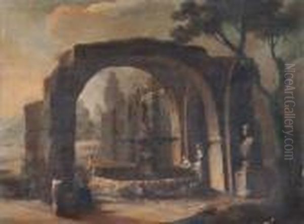 Veduta Con Arco Antico E Figure Accanto Ad Una Fontana Oil Painting by Hubert Robert