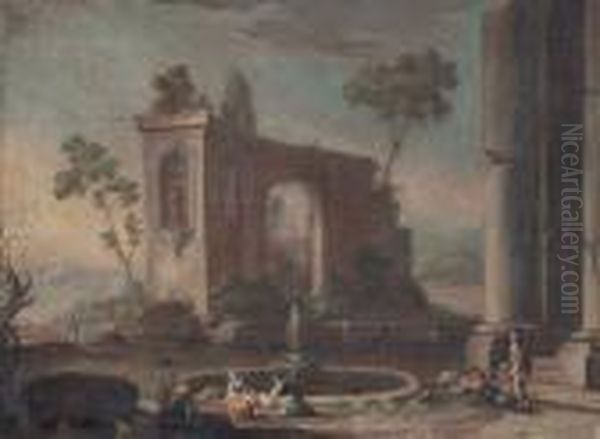 Paesaggio Con Rovine E Figure, Nei Pressi Di Una Fontana Oil Painting by Hubert Robert