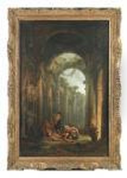 Classical Ruins With Soldiers Gambling Oil Painting by Hubert Robert