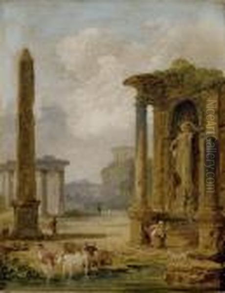 Troupeau Et Ruines Antiques Oil Painting by Hubert Robert