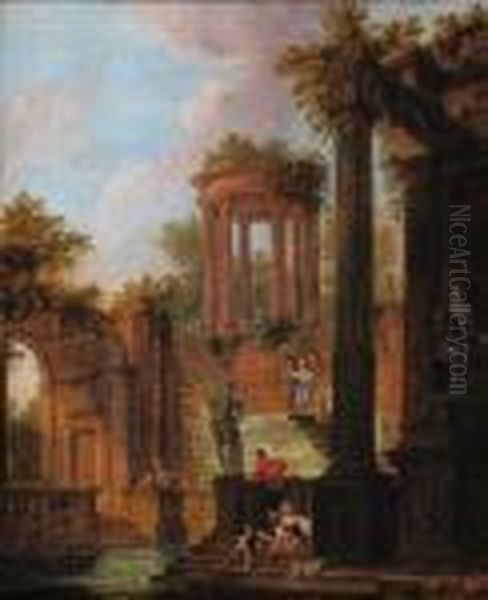 Coppia Di Capricci Architettonici Con Rovine Antiche Emoderne Oil Painting by Hubert Robert