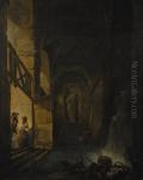 Family Approaching The Bath Oil Painting by Hubert Robert