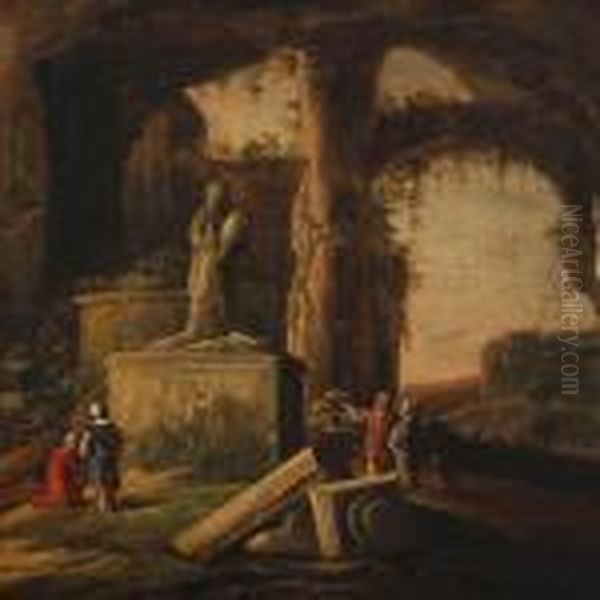 Persons By Ruins And Statues Oil Painting by Hubert Robert