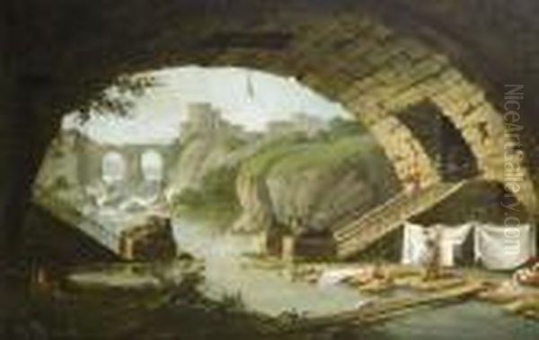 Washerwomen Under An Arch Oil Painting by Hubert Robert