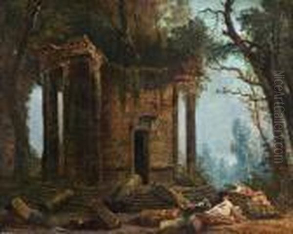 Landschaft Mit Ruine Eines Rundtempels Und Figuren Oil Painting by Hubert Robert