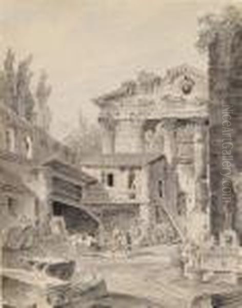 Anarchitectural Capriccio With A Temple And A Barn Oil Painting by Hubert Robert