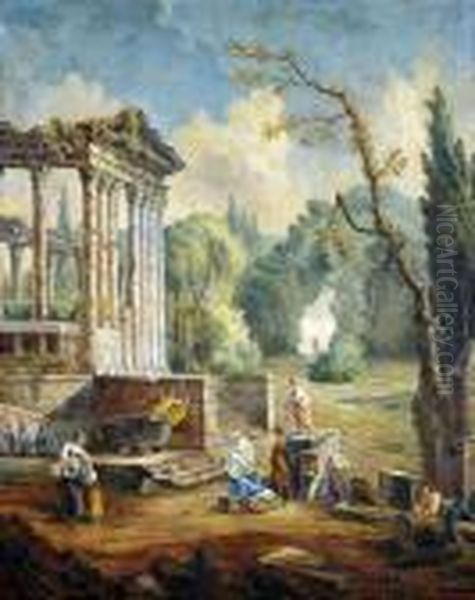 Landscape With A Temple Ruin And Staffage Figures. Oil Painting by Hubert Robert