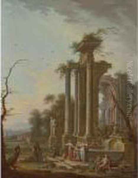 Capriccio With Peasants In Foreground Oil Painting by Hubert Robert