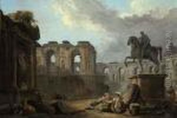 A Roman Capriccio With Washerwomen By The Statue Of Marcusaurelius Oil Painting by Hubert Robert