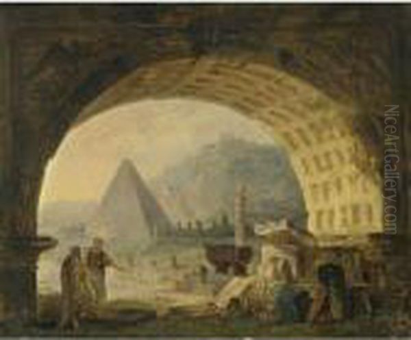 View Of Antiquities Under An Arch Oil Painting by Hubert Robert