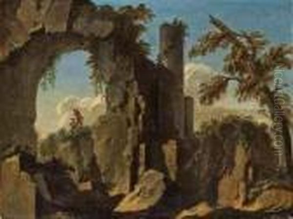 A Wooded Landscape With Two Travellers On A Path And Ruins Beyond Oil Painting by Hubert Robert