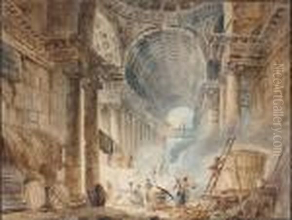 Personnage Autour D'une Marmite Dans Une Colonnade Antique Oil Painting by Hubert Robert