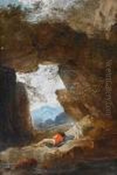 A Young Man And His Dog Resting On Rocksbeside A River Oil Painting by Hubert Robert