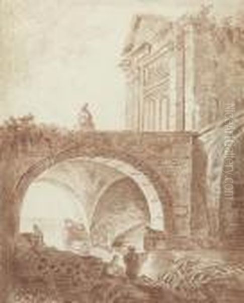 Antique Monumental Bridge Oil Painting by Hubert Robert