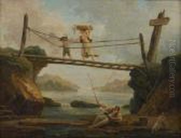 Pecheur Distrait Par Une Lavandiere Traversant Le Pont Oil Painting by Hubert Robert