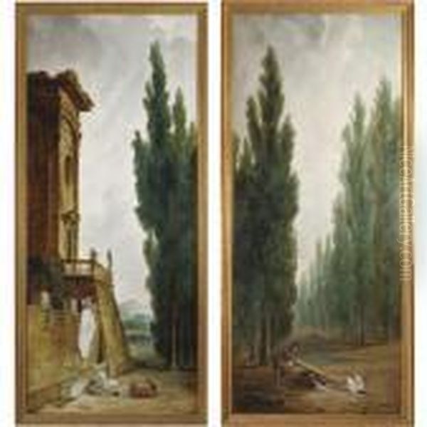 Laundry Maids Outside A Classical Villa And Elegant Couple On A Seesaw Oil Painting by Hubert Robert