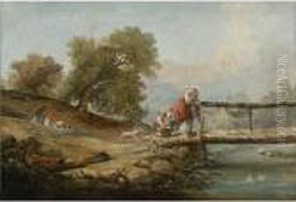 A Young Woman And Two Children Fishing From A Bridge Oil Painting by Hubert Robert