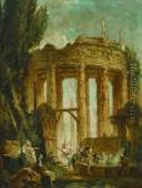 Cavaliers Et Lavandieres A La Fontaine Devant Des Ruinesantiques Oil Painting by Hubert Robert