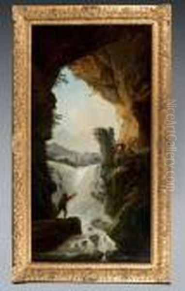 Groupe De Personnages Devant Une Cascade Oil Painting by Hubert Robert