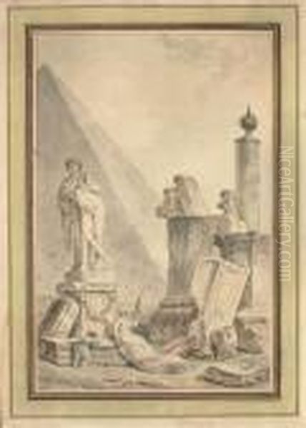 La Fileuse: Capriccio With The 
Pyramid Of Cestius, A Statue Of Hercules, Roman Altars, Sarcophagi And 
Amphorae, A Woman Spinning And A Child Oil Painting by Hubert Robert