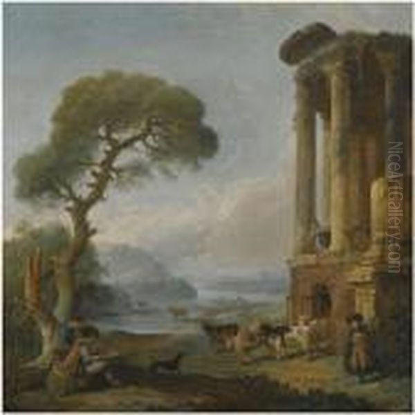 A River Landscape With An Artist
 Sketching Beneath A Ruined Temple, Possibly The Temple Of The Sibyl At 
Tivoli Oil Painting by Hubert Robert