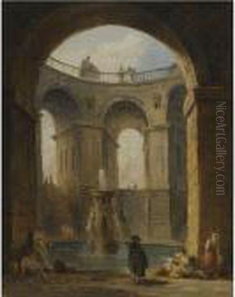 An Architectural Capriccio With Figures Gathered Around A Fountain Oil Painting by Hubert Robert