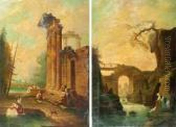 Paysage Aux Ruines Et Paysage Au Pont Animes De Personnages Oil Painting by Hubert Robert