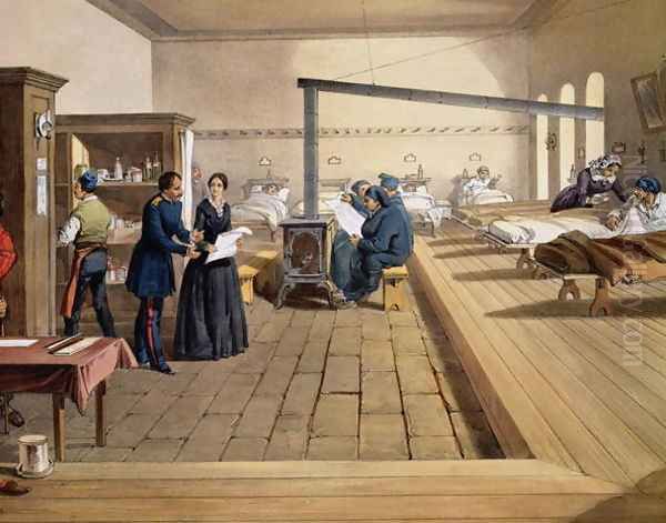 Hospital at Scutari, detail of Florence Nightingale 1820-1910 on the ward, from The Seat of War in the East, pub. by Paul and Dominic Colnaghi and Co., 1856 Oil Painting by William Simpson