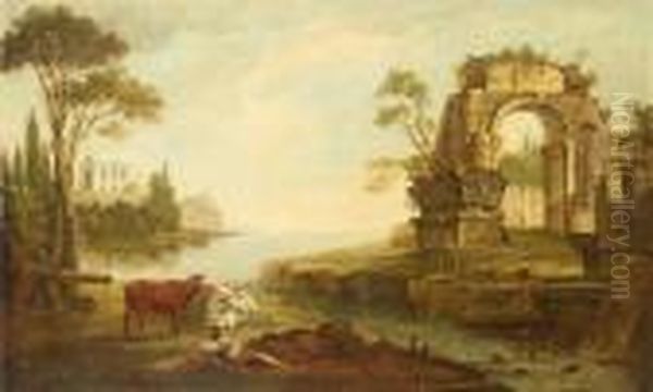 An Extensive River Landscape With A Drover Resting Beside A Stream Oil Painting by Hubert Robert