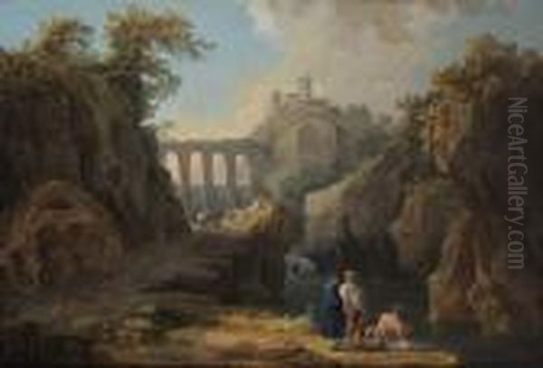 Paysage Au Pont, Chateau Et Pecheurs Oil Painting by Hubert Robert