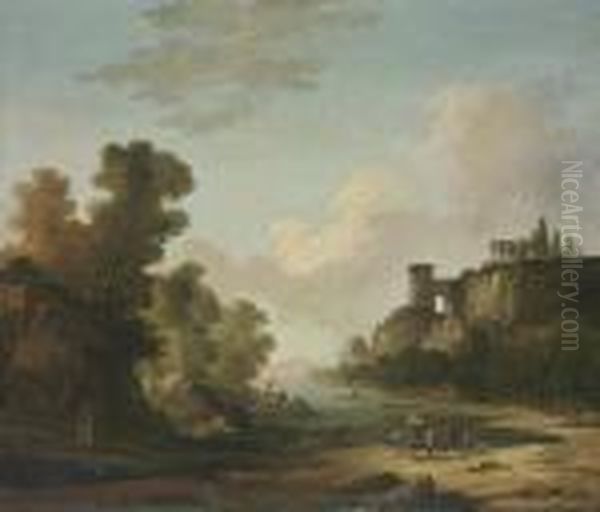 Figures On The Banks Of A Lake With Classical Ruins Oil Painting by Hubert Robert