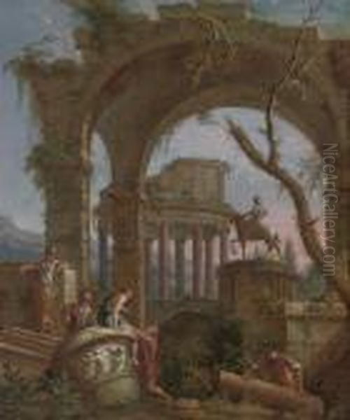 A Capriccio Of Classical Ruins With Soldiers Resting By A Giant Urn Oil Painting by Hubert Robert