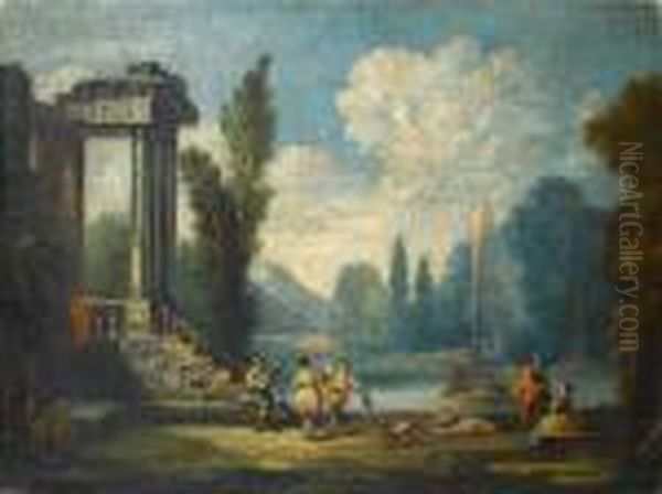 Figures Dancing And Making Music Before The Ruins Of A Temple Oil Painting by Hubert Robert