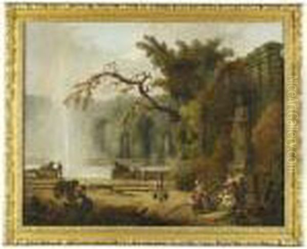 Figures By An Ornamental Fountain Oil Painting by Hubert Robert