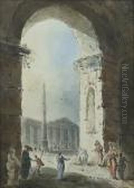 Personnages Dans Des Architectures Classiques Avec La Colonne Trajane Et Le Pantheon Oil Painting by Hubert Robert